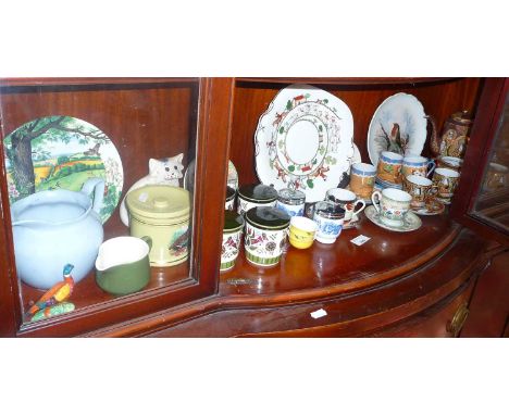 Shelf of assorted china including Wedgwood Hunting Scenes plate etc