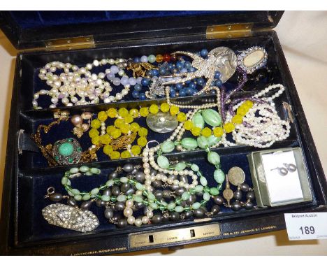 Antique leather covered jewellery box with contents of old and vintage jewellery as well as a Cross Concorde pen in a box.