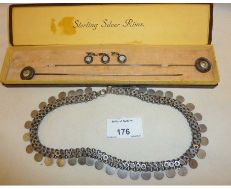 Boxed Edwardian mother of pearl hatpins and buttons with silver rims, together with a Victorian silver collarette necklace, a