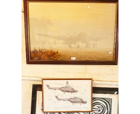 Colour print of a Lancaster bomber at dawn by Coulson and a signed print of two Lynx helicopters of 815 Naval Air Squadron