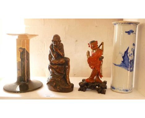 Art Deco bronzed figure of a nude woman 21cm high and Royal Doulton Art Nouveau series ware candlestick, carved lacquer Chine