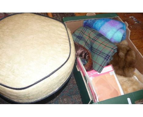 Vintage furs, tweed skirt, mohair shawl and a 1960's pouffe