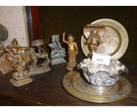 Anglo Indian small silver dish decorated with figures, bronze and metal figures and dishes 