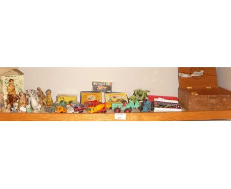 Assorted items including Wade china figures, Matchbox vehicles and some costume jewellery