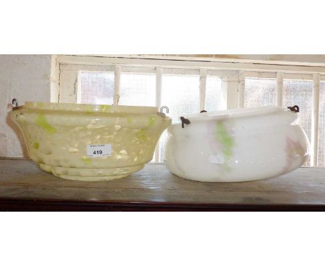 Two Art Deco marbled glass hanging ceiling light shades