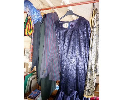 Old opera top hat, 1980s John Neville cocktail dress, antique tailcoat jackets and others, including sequin scarves.