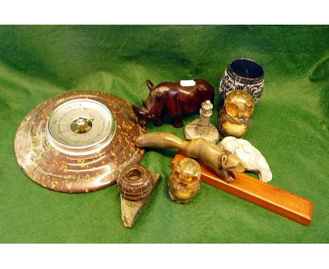 Large serpentine wall barometer (approx. 21cm diameter), other carved stone animals and Lands End Serpentine match striker/ho