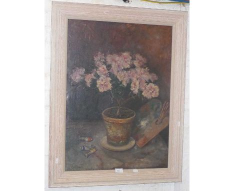 Georges STIMART (1886-1952) still life with flowers and artists palette, oil on canvas, signed lower left, 35" x 27" includin