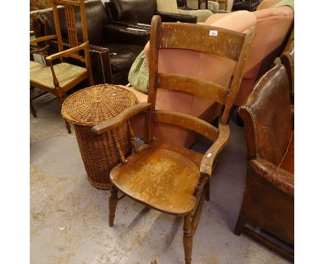 An Antique kitchen ladder-back elbow chair 