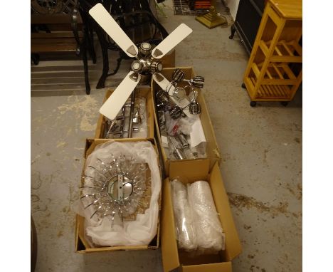 A collection of modern chrome and chromed light fittings, to include a ceiling fan, spotlights etc (6 boxfuls) 