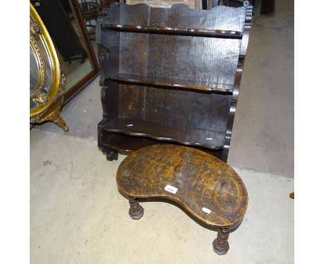 A small kidney-shaped stool on turned legs, and an oak 4-tier hanging shelf (2) 