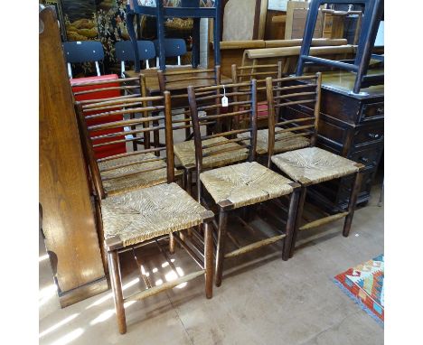 A set of 6 19th century Arts and Crafts ash ladder-back rush-seated side chairs, each with 11 stretchers 