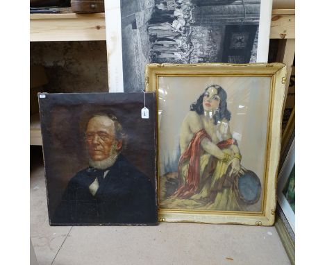19th century oil on canvas, portrait of a man (A/F), and an engraving, Coronation of Edward VII, unframed (2) 