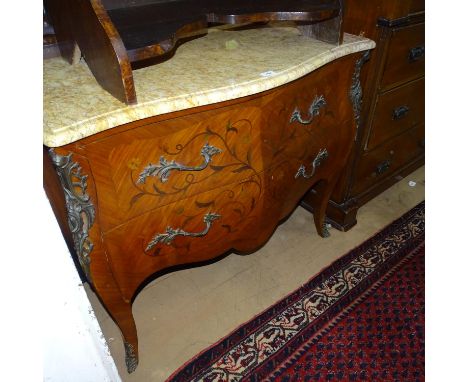 A Continental walnut bombe commode, with shaped marble-top, 2 long drawers and metal mounts, W110cm, H88cm, D51cm 