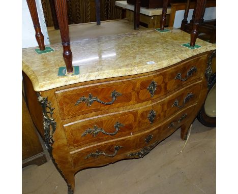 A Continental walnut bombe commode, with shaped marble-top, 3 long drawers and ormolu mounts, W115cm, H83cm, D53cm 