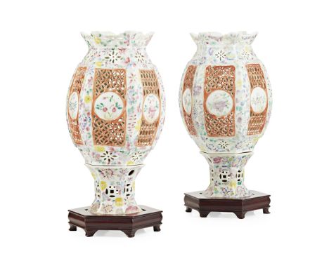 PAIR OF FAMILLE ROSE HEXAGONAL LANTERNS REPUBLIC PERIOD each side decorated with a small medallion enclosing a blossoming spr