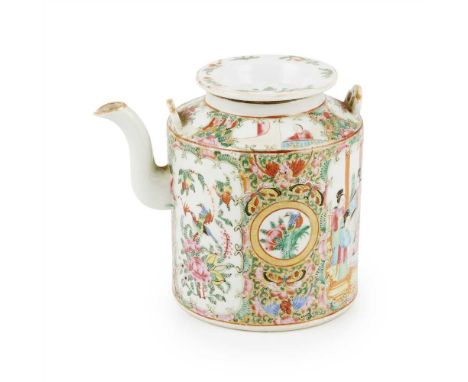 CANTON FAMILLE ROSE DECORATED TEAPOT QING DYNASTY, 19TH CENTURY of cylindrical form, curved spout, pierced bracket for metal 