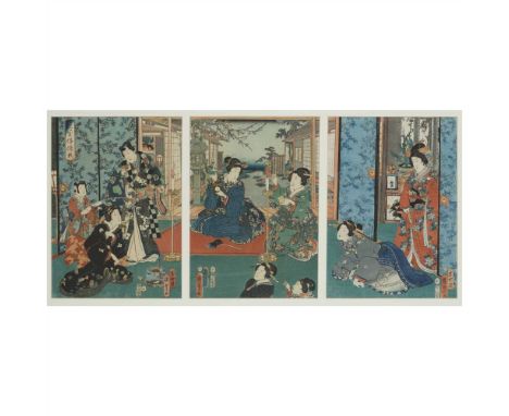 Y JAPANESE WOODBLOCK PRINT TRIPTYCH DATED 1857 depicting courtesans with retainers lighting candles, by Kunisada 1786-1864; t