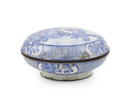 BLUE AND WHITE CANTON PAINTED ENAMEL BOX AND COVER QIANLONG MARK BUT 19TH CENTURY of circular form, painted with two figures 