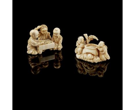 Y TWO IVORY NETSUKE MEIJI PERIOD one depicting three scholars at the chess table, signed with a two-character on the base; th