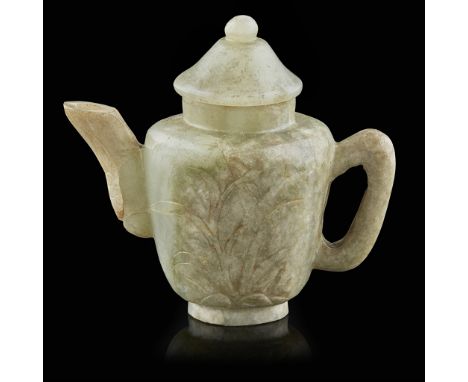 SMALL GREEN JADE TEAPOT AND COVER QING DYNASTY, 19TH CENTURY carved with a domed cover, the ovoid body tapering to a slightly