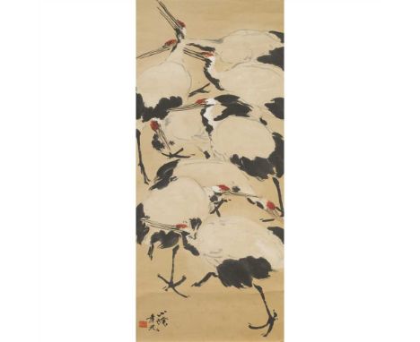 INK AND WATERCOLOUR 'CRANES' SCROLL PAINTING CIRCA 1940 ink and colour on paper, depicting a group on cranes in a pond, signe