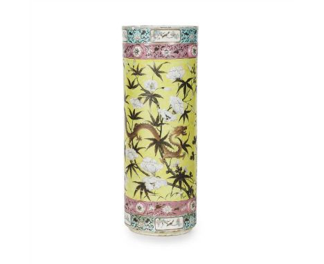FAMILLE ROSE STICK STAND LATE QING DYNASTY, 19TH-20TH CENTURY decorated with bamboo, chrysanthemums and peonies and a four-cl