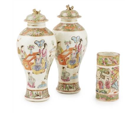 PAIR OF CANTON FAMILLE ROSE VASES AND COVERS QING DYNASTY, 19TH CENTURY each of baluster form, the covers slightly domed and 