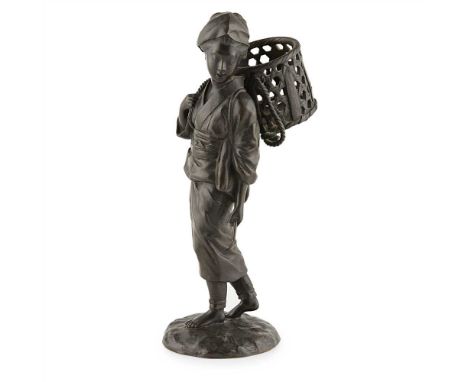 JAPANESE BRONZE FEMALE OKIMONO, MEIJI PERIODin a standing pose, with a pannier on her back and a small scythe in her hand, a 