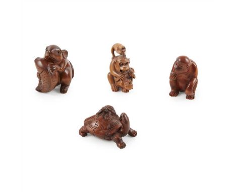 GROUP OF FOUR BOXWOOD NETSUKE  MEIJI PERIOD comprising a seated monkey with puzzled face; a female monkey playing with two ba