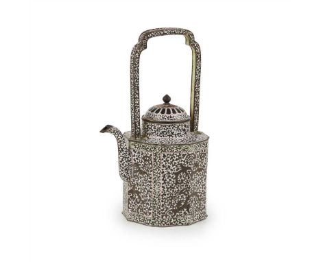 CANTON PAINTED ENAMEL EWER WITH COVER QING DYNASTY, 19TH CENTURY of octagonal shape, enamelled with four panels enclosing pho