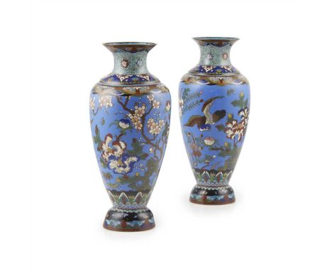 PAIR OF CLOISONNÉ ENAMEL VASES 19TH-20TH CENTURY the baluster shaped body enamelled with lotus, cherry, and prunus blossoms o