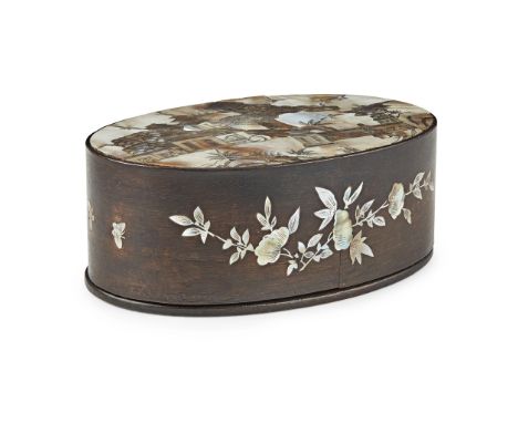 TWO VIETNAMESE MOTHER-OF-PEARL INLAID ARTICLES LATE 19TH/EARLY 20TH CENTURY the first an oval box and cover, the cover inlaid