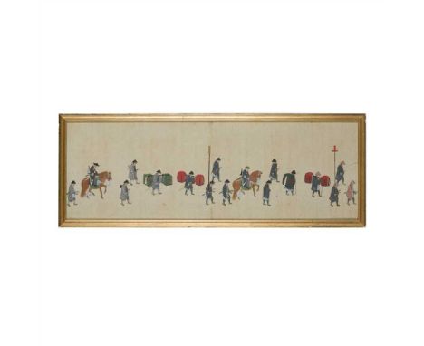 FIVE INK AND WATERCOLOUR PAINTINGS LATE 19TH-20TH CENTURY two framed watercolour paintings on paper depicting Japanese proces