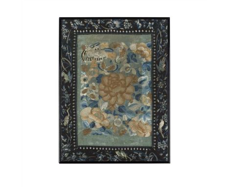 TWO EMBROIDERED PANELS QING DYNASTY, 19TH-20TH CENTURY one decorated with a large peony in the centre, surrounded by various 