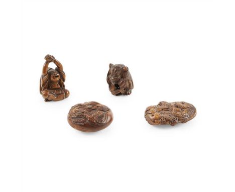 FOUR BOXWOOD NETSUKE  MEIJI PERIOD comprising a seated man stretching his arms, signed 'Minkoku'; a seated lion biting a pier