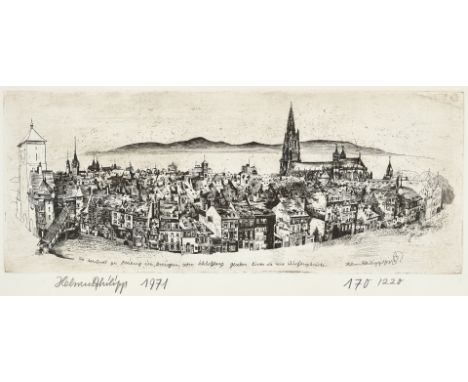 1927 Berlin - 2008 Freiburg.  Radierung. Die Altstadt zu Freiburg im Breisgau vom Schlossberg  gesehen. U.l. mit Bleistift si