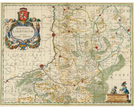 17. Jh. Kupferstichkarte, altkol. 'Ducatus Limburgum'. Limbourg,  Maastricht und Liege. In der Pl. bet. u. Aegudo Martini bez