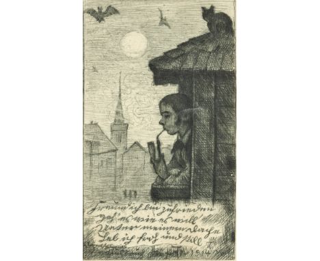 1839 Bernau - 1924 Karlsruhe. Radierung. Zufriedenheit. 'Freund ich bin zufrieden/geh es wie  es will/unter meinem Dache/Leb 