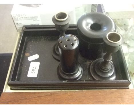 SMALL EBONY COLLECTION CANDLESTICK, ETC..  