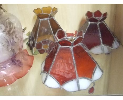 3 VINTAGE LAMP SHADES WITH ONE OTHER, AND LAMP  