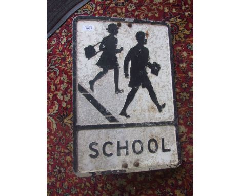 VINTAGE CAST ALLOY ROAD SIGN  "SCHOOL"  WITH MOUNTING BRACKETS 22 X 14 INCHES
