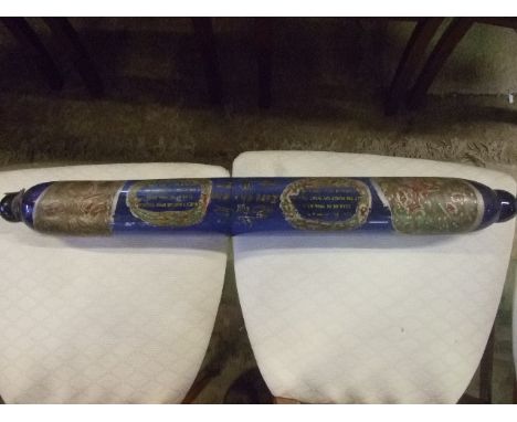 LARGE ANTIQUE BLUE GLASS SALT ROLLING PIN, HAND PAINTED (76CM)
