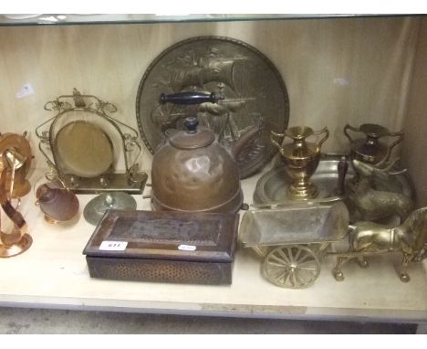 SHELF OF BRASS AND COPPER WARES 