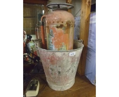 FIRE BUCKET AND VINTAGE FIRE EXTINGUISHER ( A/F ) 
