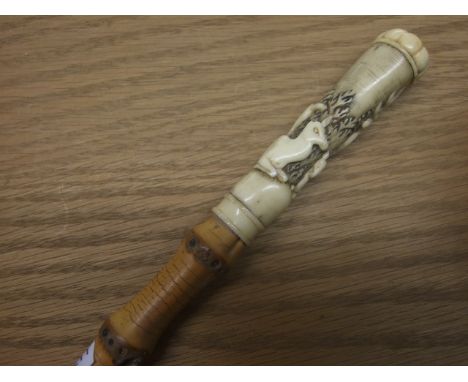 CANE WALKING STICK WITH "IVORY" HANDLE DEPICTING STAG, DOE AND FOAL