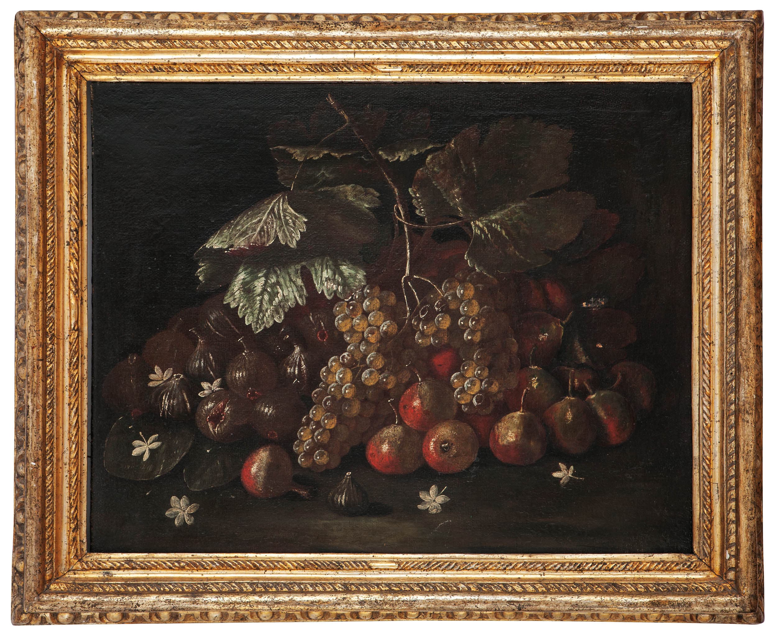 PITTORE DEL XVII-XVIII SECOLO Natura morta con fichi, mele e uva Olio ...