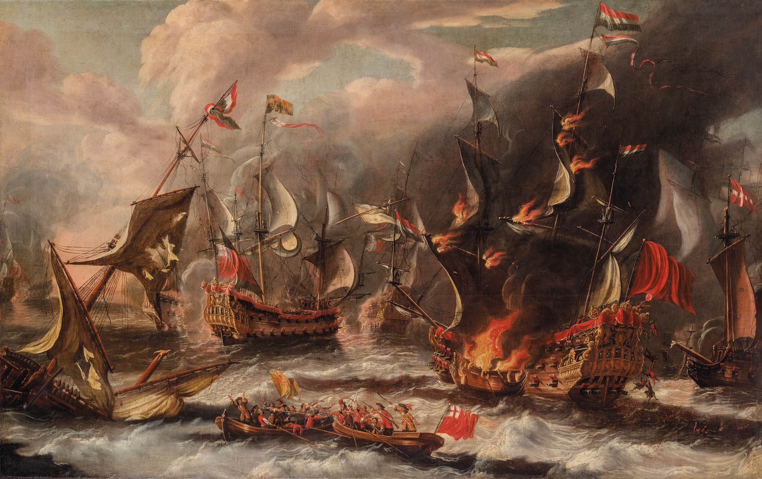 PITTORE DEL XVIII SECOLO Battaglia navale Olio su tela, cm 127X203 Il