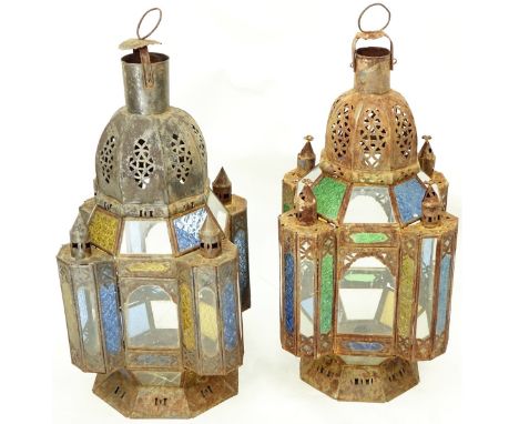 Pair of Antique Moroccan Metal and Glass Lanterns. Architectural form with pierced surface. Measures 28-3/8" H x 15" W. Condi