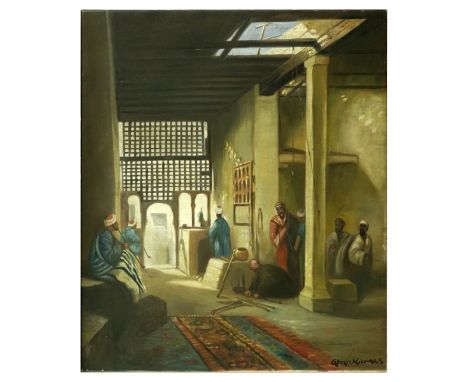 Modern Orientalist School Oil On Canvas "The Pipe Smokers" Signed Aban Hirmas lower right. Measures 22" x 26". Condition: Goo
